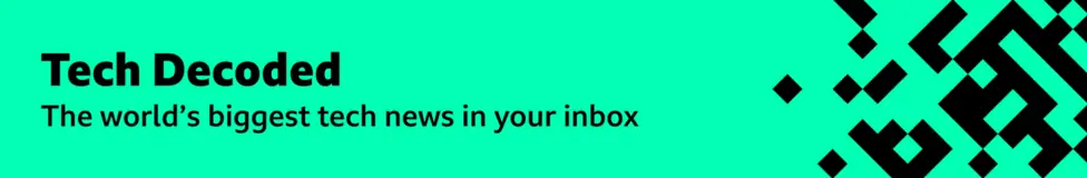 A green promotional banner with black squares and rectangles forming pixels, moving in from the right. The text says: “Tech Decoded: The world’s biggest tech news in your inbox every Monday.”