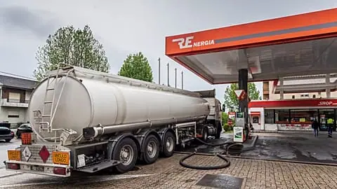 A fuel tanker delivers fuel to a filling station in Braga, northern Portugal, on Wednesday, 17 April 2019