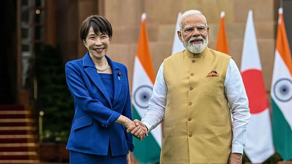 Japan's Sanae Takaichi and India's Narendra Modi shake hands at Hyderabad House in New Delhi, India on 2 July 2026