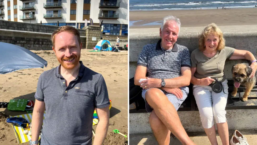 This composite image shows, on the left, a man standing on the beach in Scarborough's North Bay. He is smiling, the sun is shining, and a beach umbrella is on the left of the picture. On the right…