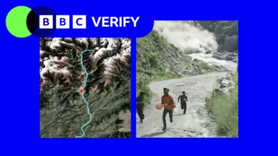 A composite image showing map and a screengrab from a verified video that has emerged from Nepal following floods. The picture on the left shows a map of the Trishuli river, the picture on the right…