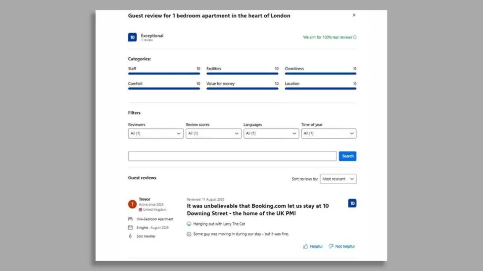 A screengrab of a review left for the fake Which? listing on Booking.com. It has been rated 10 - Exceptional, with 10/10 across Staff, Facilities, Cleanliness, Comfort, Value for money and Location…