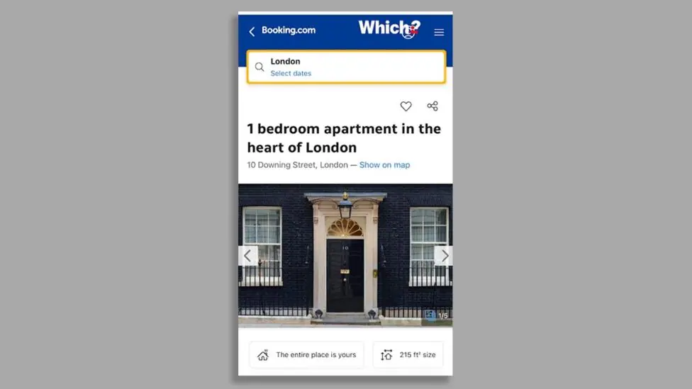 The Booking.com listing page, with a picture of the front door of Number 10 Downing Street. It is headlined: "1 bedroom apartment in the heart of London". Underneath an address of "10 Downing Street…