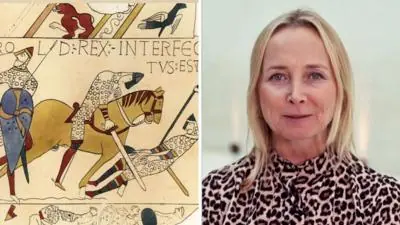 Katie Razzal split screen with the Bayeux Tapestry