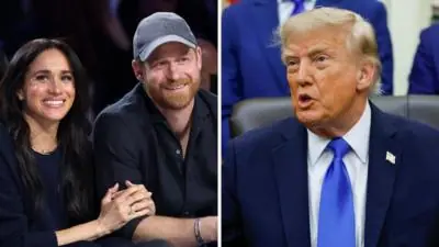 Split screen. Left, Meghan and Harry are seen. Right, Donald Trump is seen.