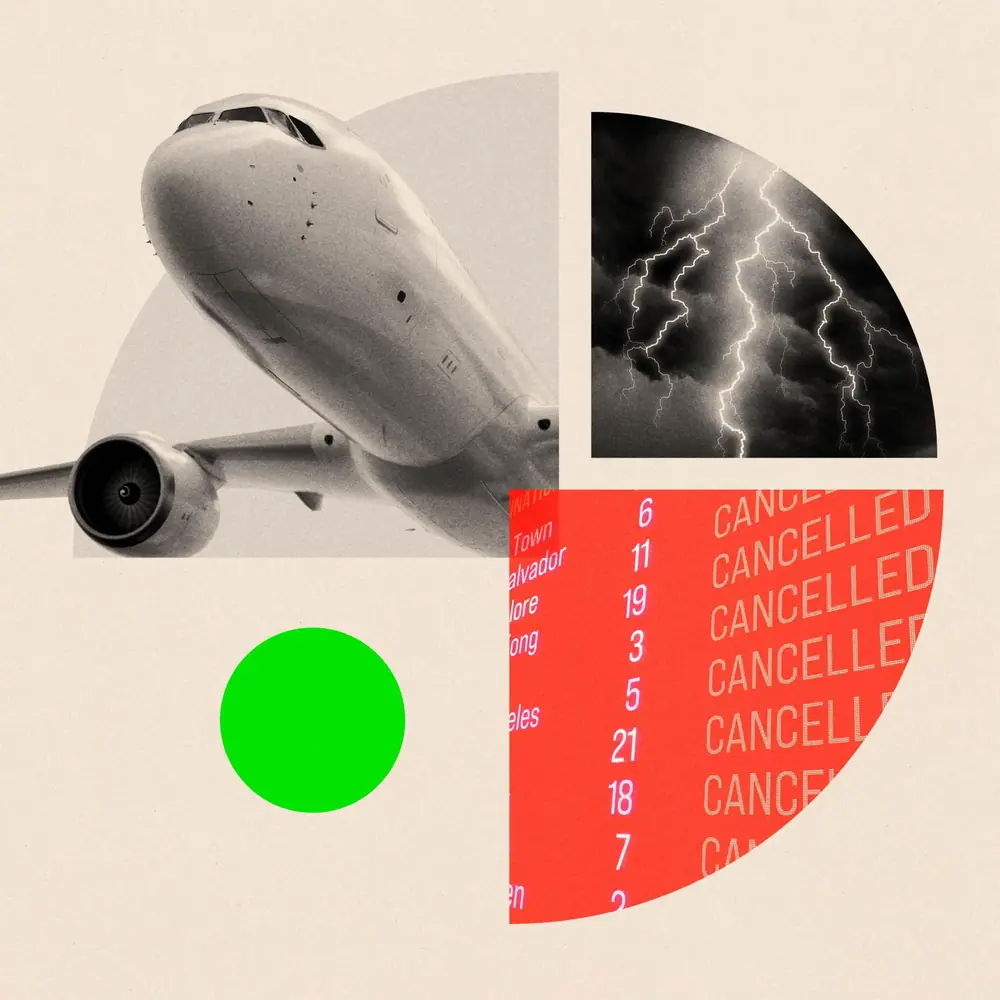 A treated image in segments showing a plane in flight, a sky full of lightning, and a list of cancelled flights