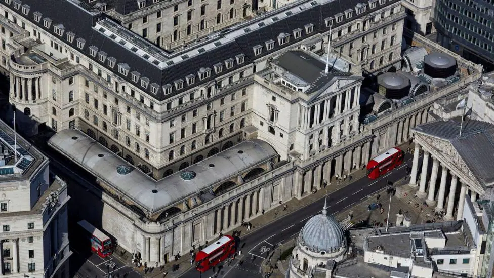 The Bank of England in the city of London holds tonnes of gold bars in its vaults. This is an aerial view of the bank which is a historic building.