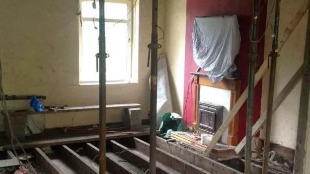 Inside the home of Sheri Ingram's former partner, where the couple were previously renovating. Incomplete construction work can be seen in the room, left by convicted rogue builder, Lee Slocombe.