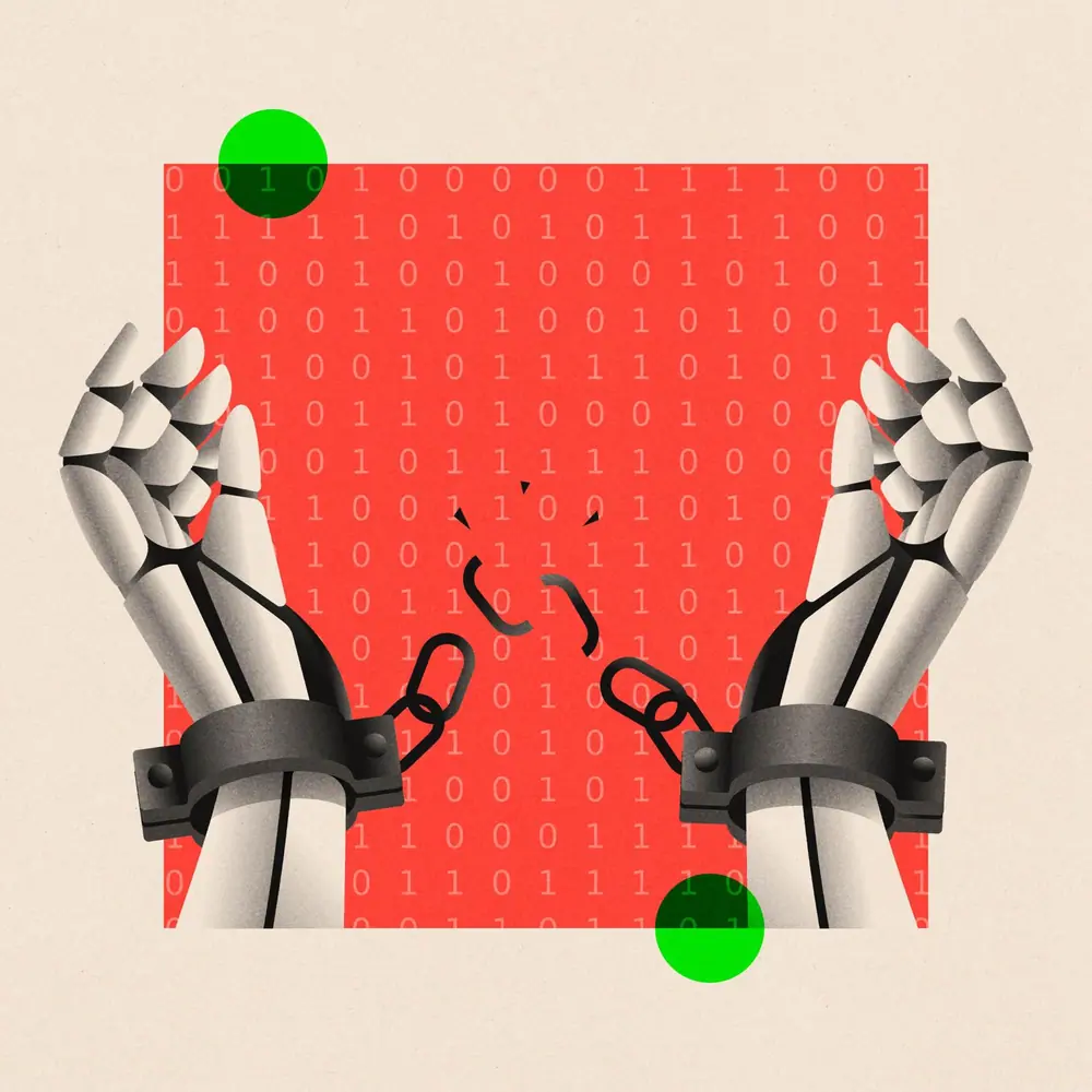 A treated image of robot hands breaking free from handcuffs.