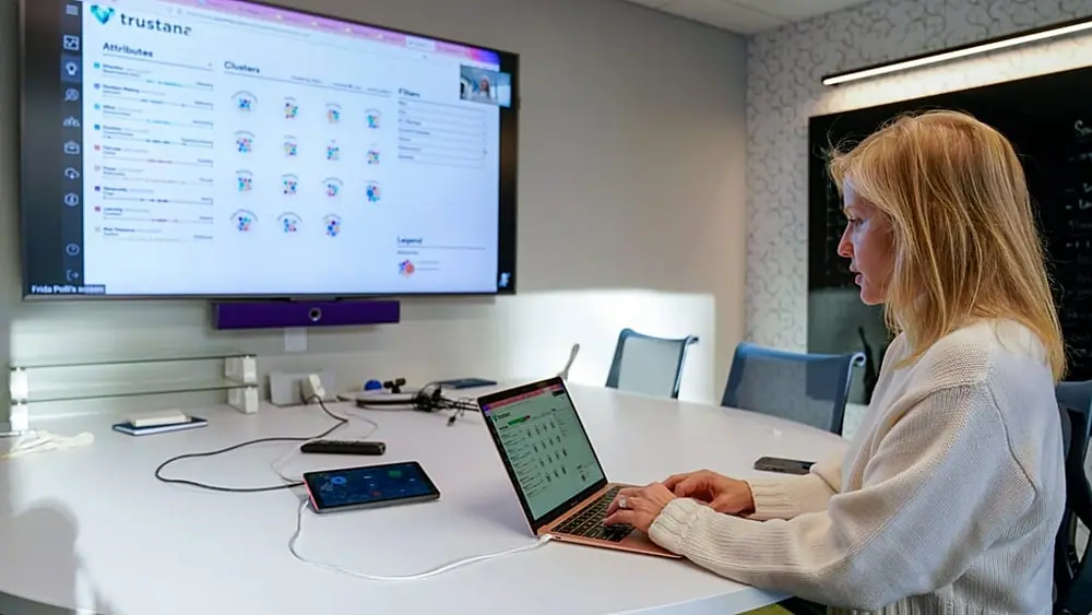 Dr. Frida Polli, co-founder and CEO Pymetrics, demonstrates AI technology used to assess job skills during an interview with The Associated Press at the Pymetrics headquarters