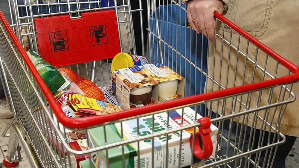 A shopping trolley photographed inside a supermarket