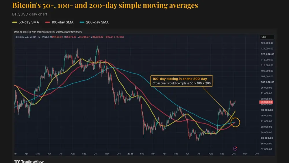 Bitcoin's price with key moving averages. (TradingView, CoinDesk)