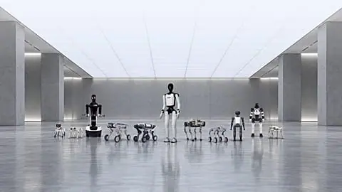 FILE. A line up of several humanoid and quadrupedal latest generation robots, 2026