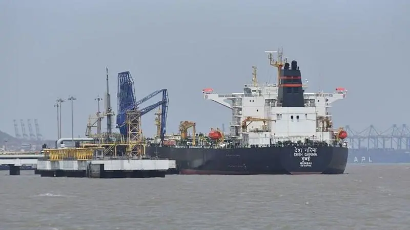 Indian Oil Tanker Desh Garima carrying crude oil after clearing the Strait of Hormuz, is seen at the Mumbai Port in Mumbai.