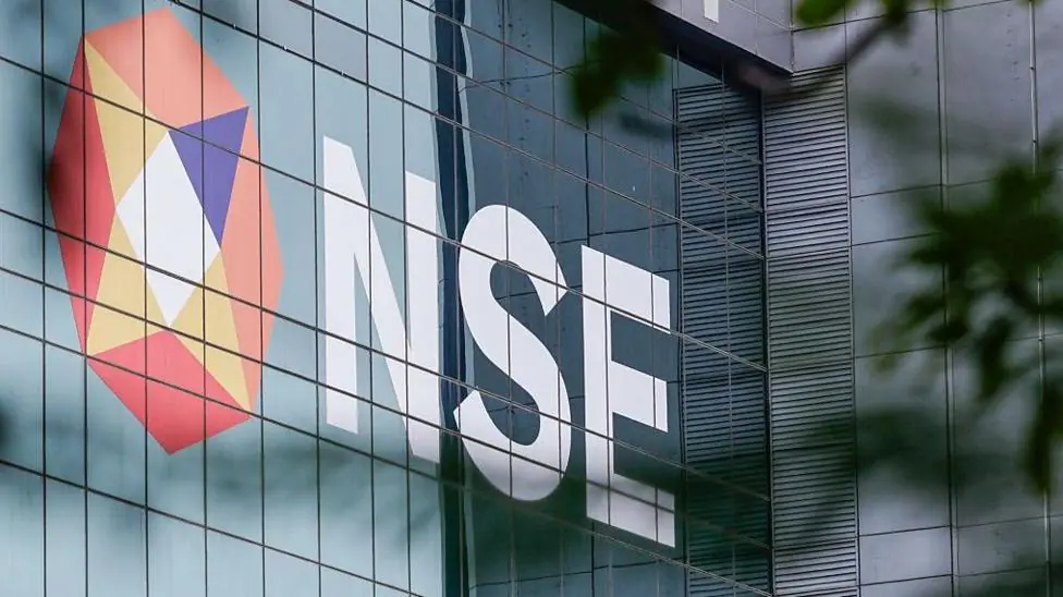 The National Stock Exchange of India Ltd (NSE) building in Mumbai, India, with a big logo.