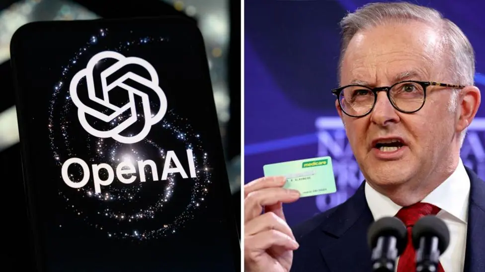 Composite image of an OpenAI logo on a phone and Australian PM holding a medicare card at a press conference