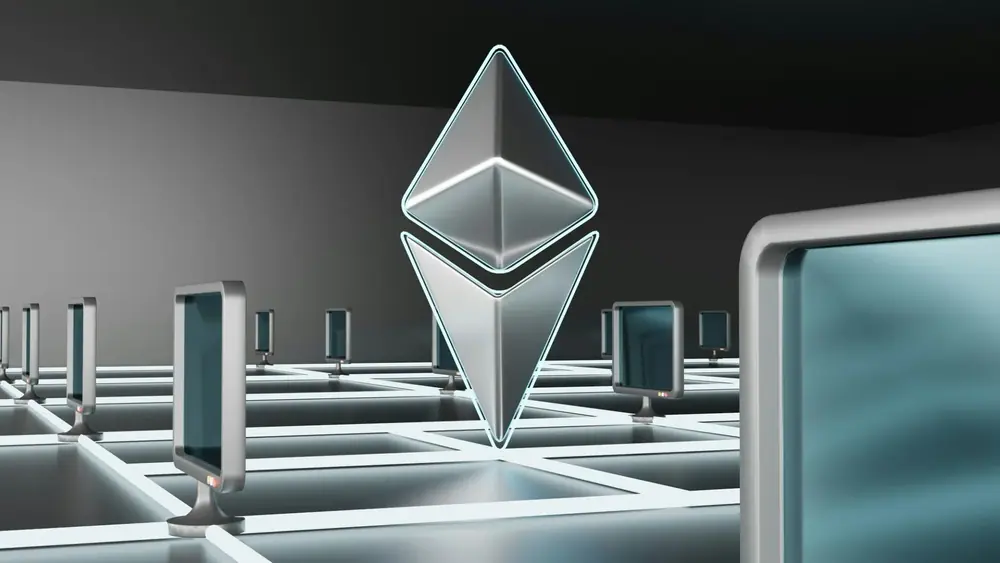 Graphic showing ethereum symbol on a grid with screens. (Ethereum)