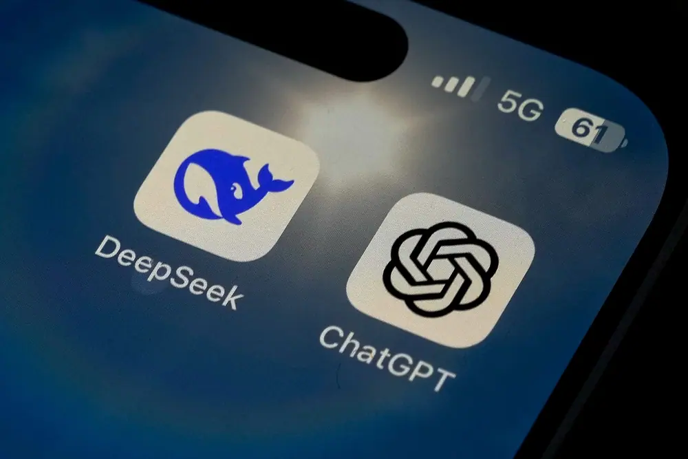 FILE. The icons for the smartphone apps DeepSeek and ChatGPT are seen on a smartphone screen in Beijing, 28 Jan. 2025