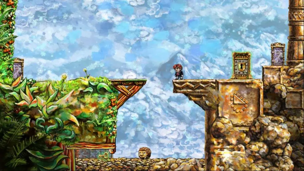 A screenshot of the puzzle-platformer Braid, showing the protagonist, a small man with red hair in a suit, standing on a brown platform to the right of a gap. To the left, green shrubbery covers…