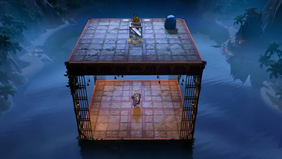 An in-game screenshot of Order of the Sinking Star, showing a large open cube with a brown grid pattern on it, and a character standing in the middle of it. On the top face of the cube is another…