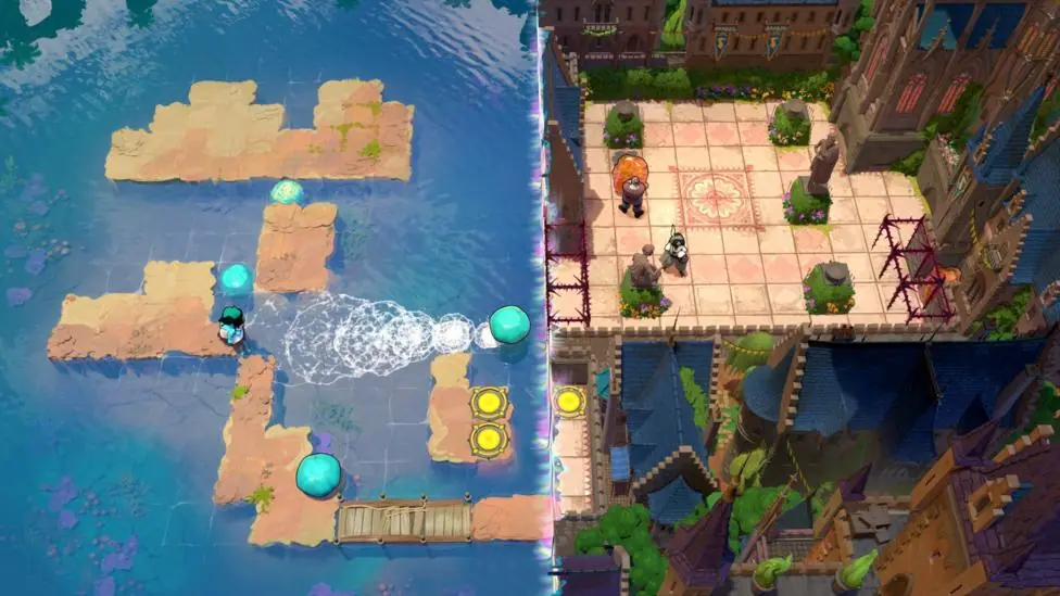 An in-game screenshot of Order of the Sinking Star, showing two levels side by side looking from overhead, one on the left with brown platforms in the water and blue skipping stones, and another on…
