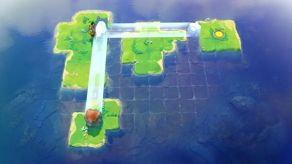 An in-game screenshot of Order of the Sinking Star, showing four green islands on a grid system in blue water. A mirror is in the corner of the top left island, and from it is a blue reflection path…