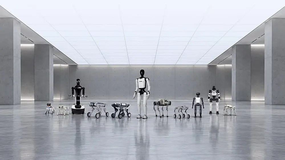 FILE. A line up of several humanoid and quadrupedal latest generation robots, 2026