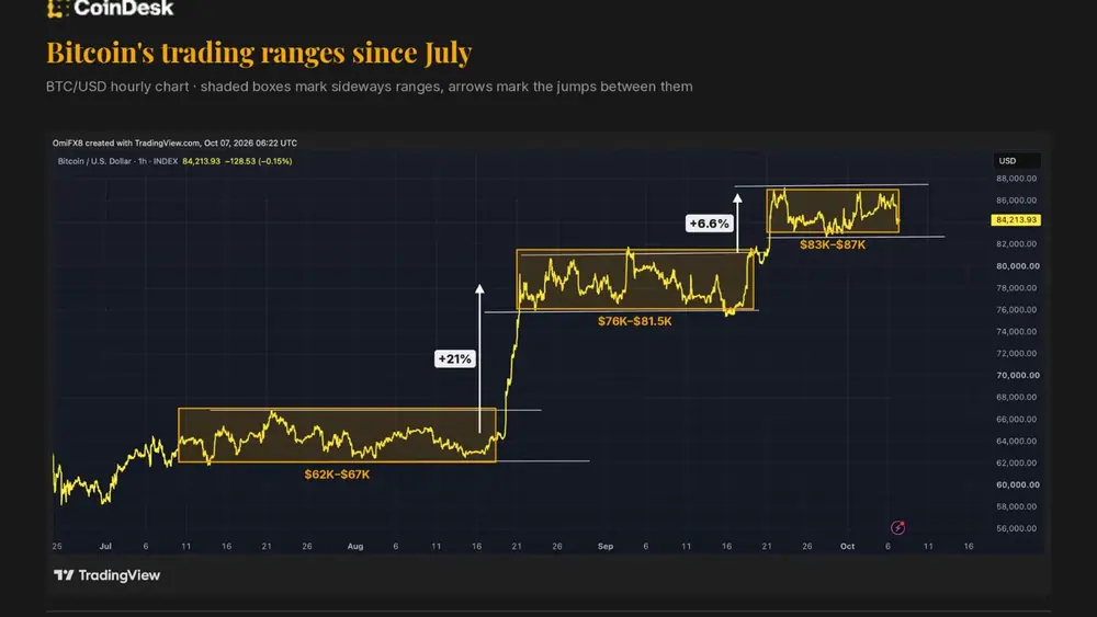BTC's stair-step rise. (TradingView/CoinDesk)
