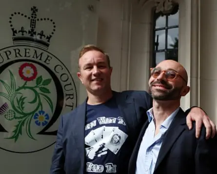 Former traders Tom Hayes (L) and Carlo Palombo (R) outside the Supreme Court in London, Britain, 23 July 2025