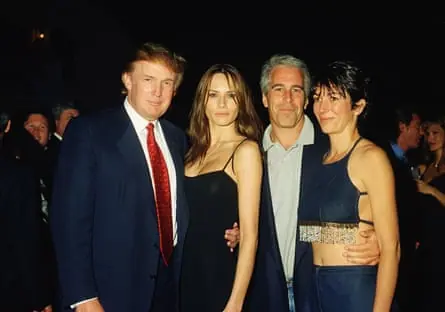 From left: Donald Trump and his girlfriend (and future wife), former model Melania Knauss, financier Jeffrey Epstein, and British socialite Ghislaine Maxwell pose together at the Mar-a-Lago club, in…