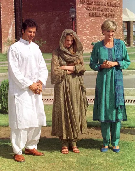 Diana, Princess of Wales in Lahore, Pakistan, with Imran Khan and Jemima Khan, during her visit to the Shaukat Memorial Hospital, on 21 May 1997.