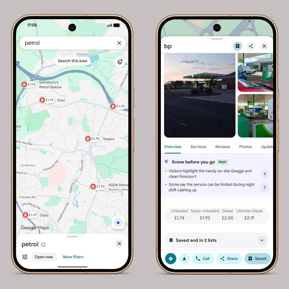 Two phone screens. On the left, a Google Maps view of part of Manchester with several icons displaying petrol pumps and prices beside them ranging from £1.70 to £1.74. On the right, a close up of a…