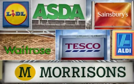 A grid of seven UK supermarket signs and logos, including Lidl, Asda, Sainsbury's, Waitrose, Tesco, Aldi and Morrisons