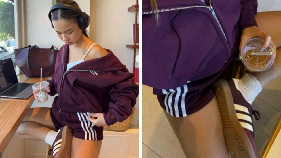 Two images show a woman wearing Adidas trainers, with three stripes, and White Fox shorts, with four stripes.