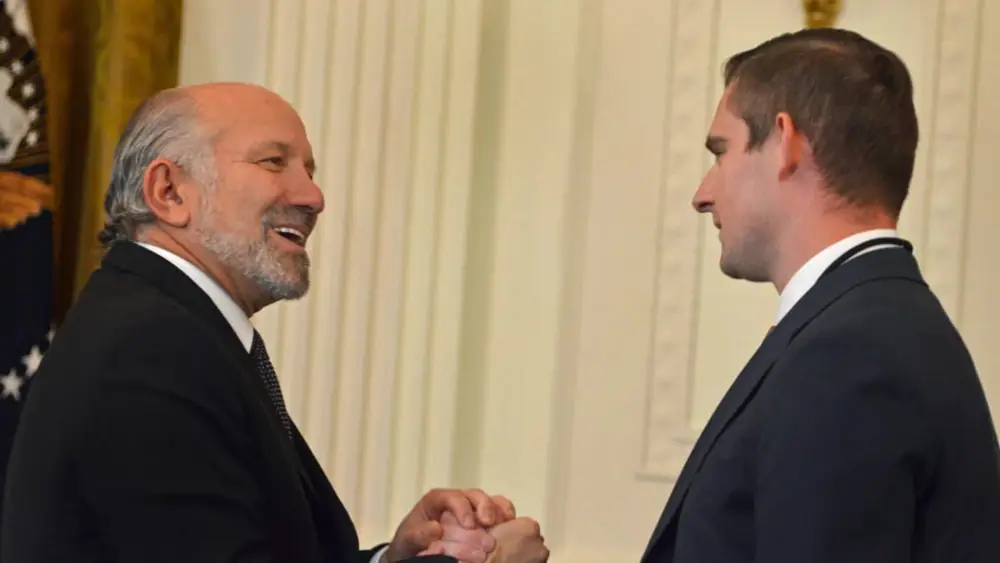 U.S. Commerce Secretary Howard Lutnick and Bo Hines, a former White House adviser who is CEO of Tether U.S. (Jesse Hamilton/CoinDesk)