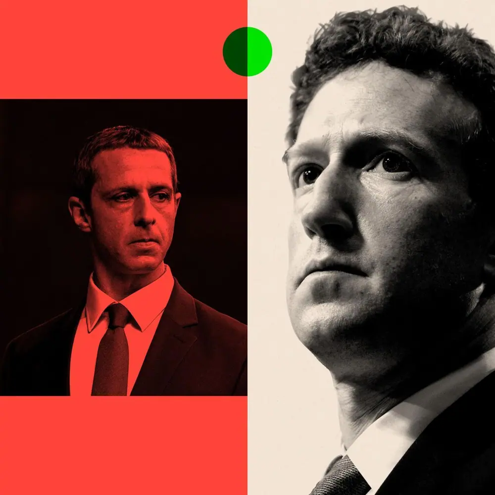 A treated image of Jeremy Strong and Mark Zuckerberg