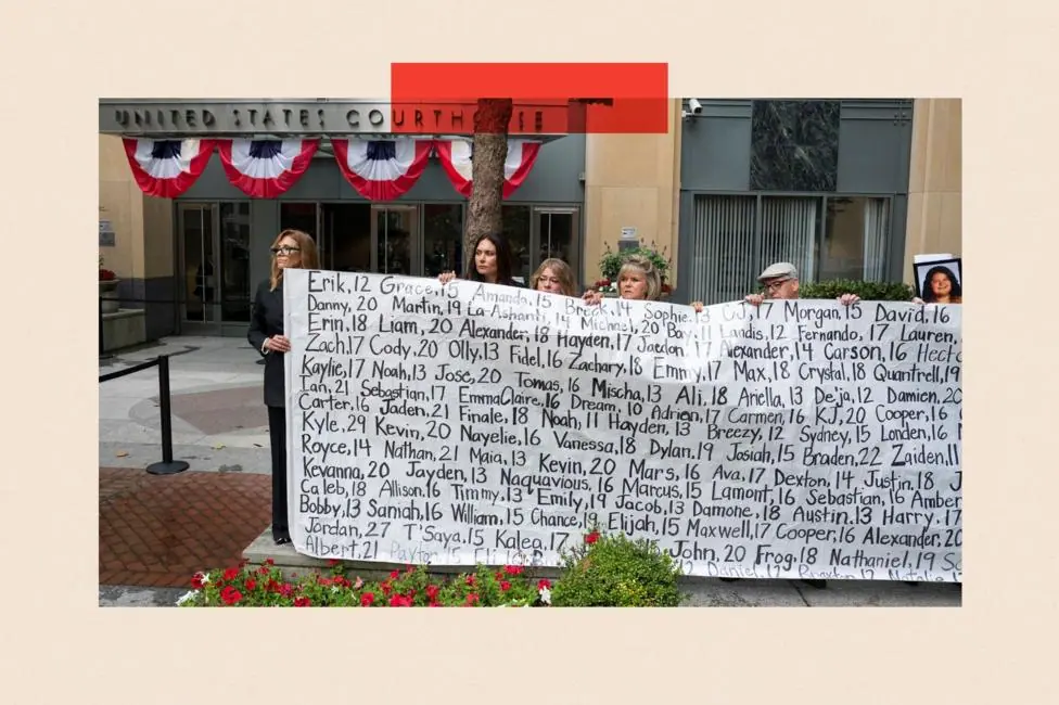 Family members hold a banner with the names of nearly 400 young people who allegedly died from the impacts of social media outside the Ronald V. Dellums Federal Building & United States Courthouse in…