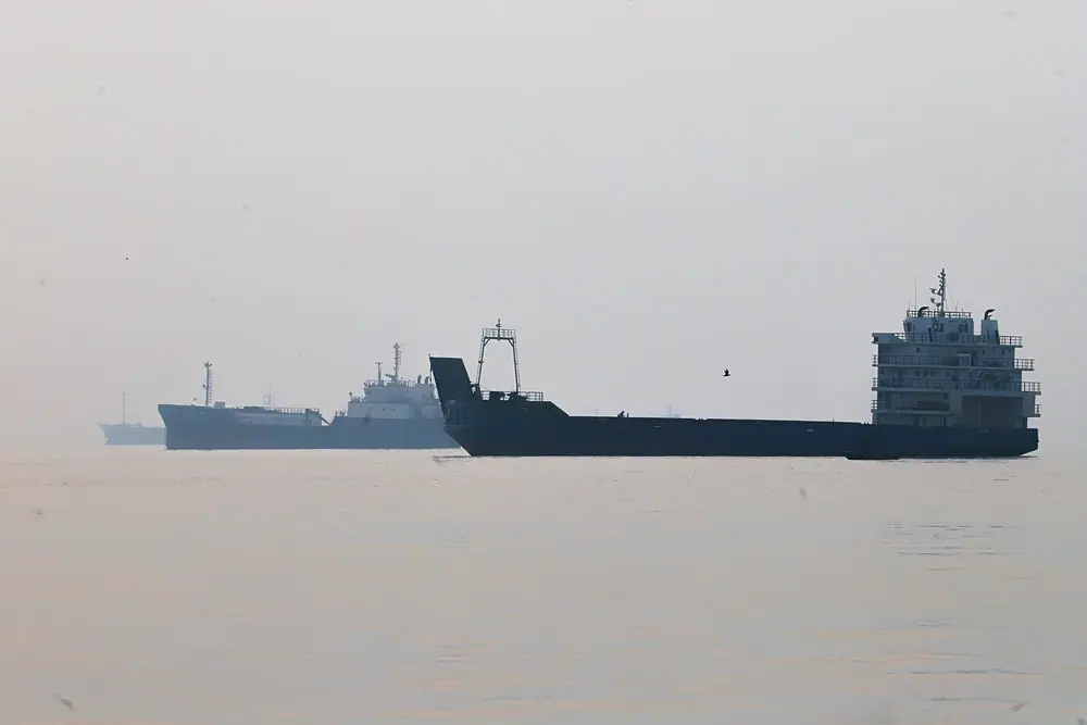 Commercial vessels anchored in the Strait of Hormuz off Bandar Abbas, Iran, 6 October 2026.