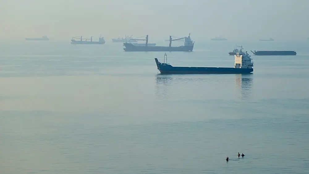Cargo ships are anchored in the Strait of Hormuz off Bandar Abbas, Iran, on 28 September 2026.