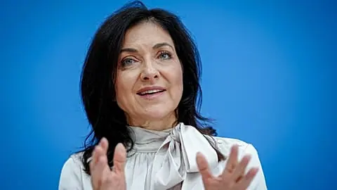 German Economy Minister Katherina Reiche presents the federal government's fall economic forecast in Berlin, Germany, Thursday, 8 Oct. 2026.