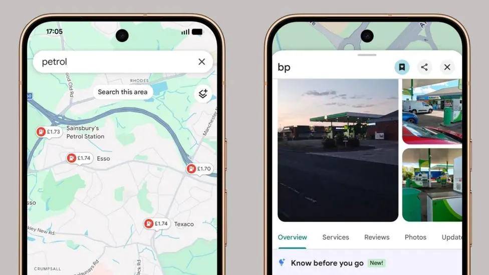 Two phone screens. On the left, a Google Maps view of part of Manchester with several icons displaying petrol pumps and prices beside them ranging from £1.70 to £1.74. On the right, a close up of a…