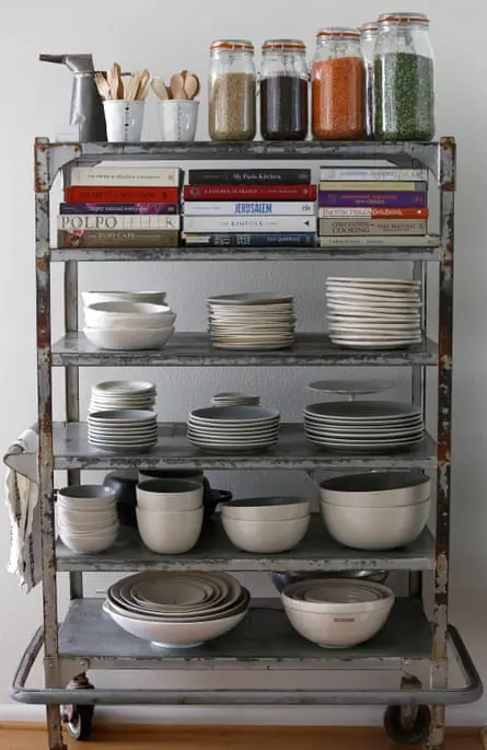 Shelving in dining room at the home of illustrator Rae Dunn in Emeryville, California