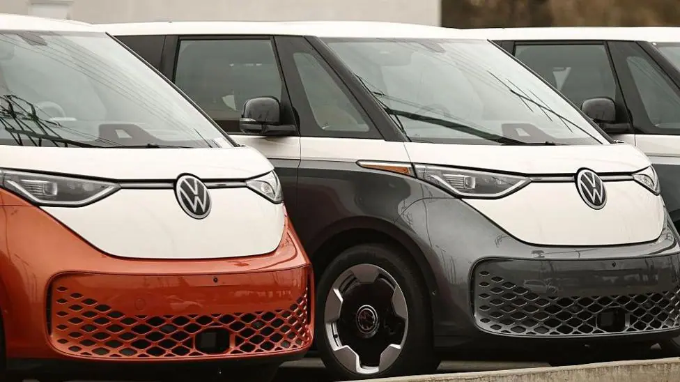 All-electric ID. Buzz vehicles are parked on the lot at a Volkswagen dealership in Hawthorne, California, on May 23, 2026.