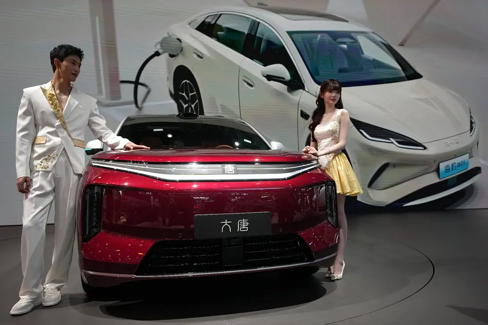 a recent electric car model from Chinese manufacturer BYD, shown at the Auto China 2026 motor show in Beijing on 25 April 2026. (AP Photo/Andy Wong, file)
