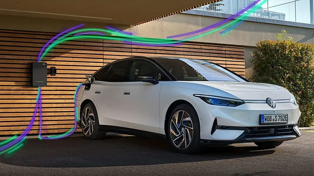 ID.7 in a home charging setting: visualization of the energy flow between the vehicle and the power grid as part of Vehicle-to-Grid.