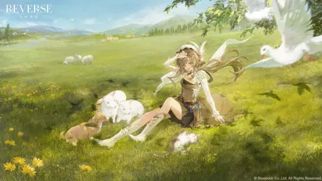 一名電子遊戲動漫角色坐在被羊群環繞的草地上，一隻鳥正俯衝而下