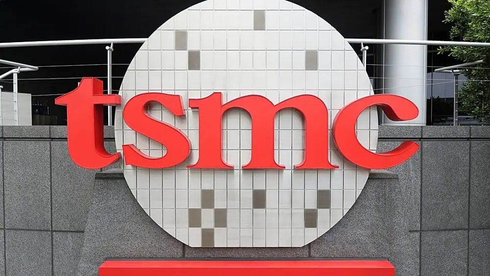FILE - A Taiwan Semiconductor Manufacturing Co., Ltd. (TSMC) logo is seen at the headquarters in Hsinchu, Taiwan, Oct. 20, 2021. (AP Photo/Chiang Ying-ying, File)