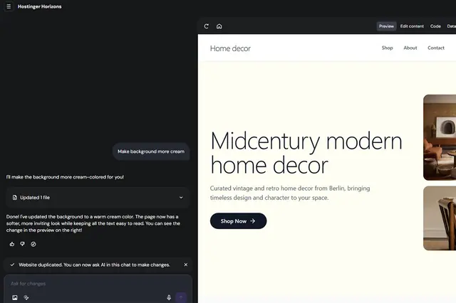 The Hostinger’s AI-focused website builder impressed me