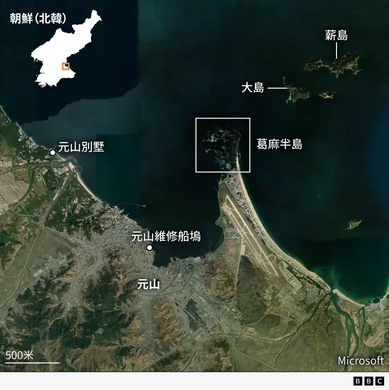 元山地區的近景衛星影像，定位點標示了元山別墅、元山維修碼頭、葛麻半島、大島（Tae Island）和薪島（Sin Island）。