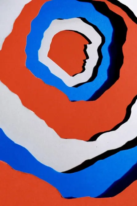 Red, white and blue layered paper cutout of Trump’s profile
